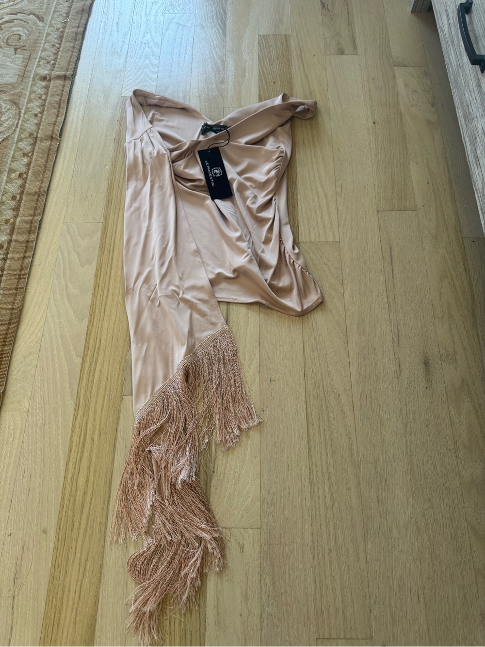 Le Piacentini Fringed One-Shoulder Satin Top in Blush